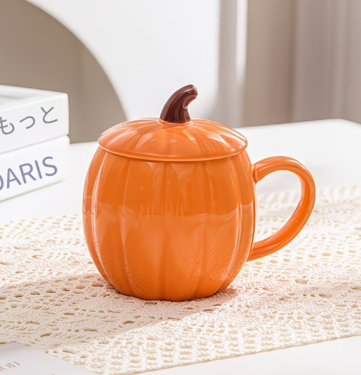 蓋つきのかわいいパンプキン型セラミックマグカップ、450ml、コーヒーカップ